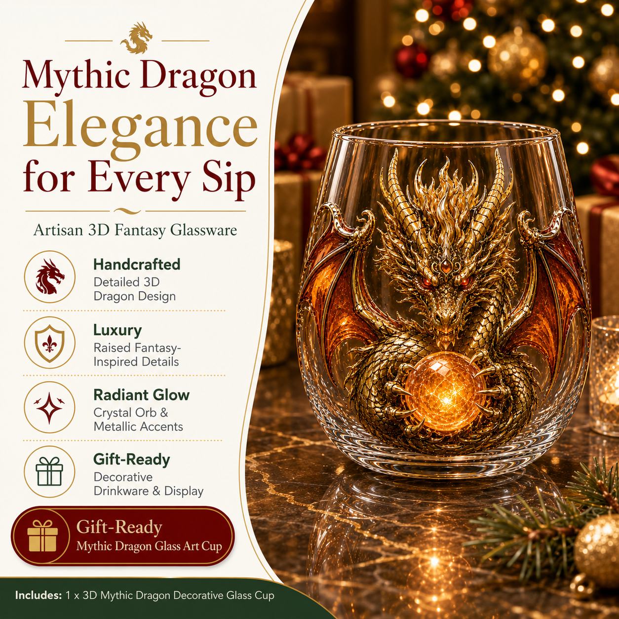 ๐โจ 3D Mythic Dragon Glass Art Cup | Luxury Raised Fantasy Glassware for Whiskey, Home Bar Dรฉcor & Legendary Gifts ๐