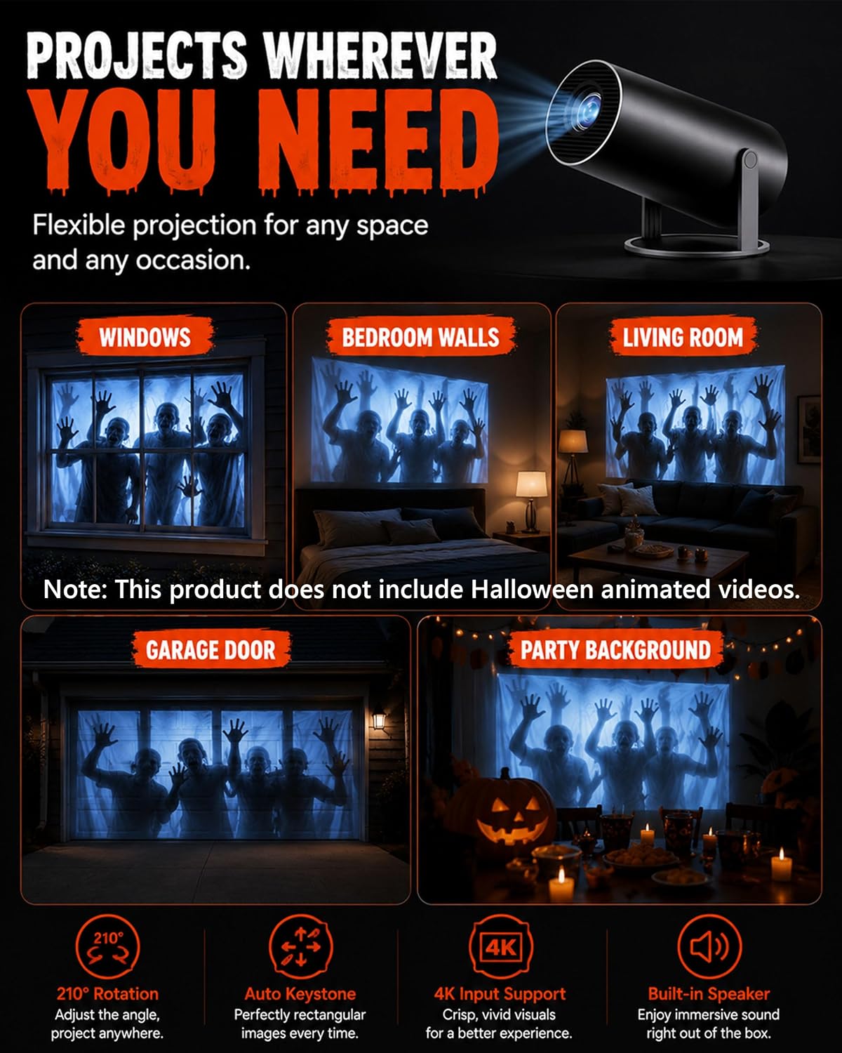 Scary Decorations Halloween Window Projector,White:With Effect fabric | Projects Animated Horror Window Scenes with Easy Setup, 210° Rotation, Built-In Speaker, And Auto Keystone Correction