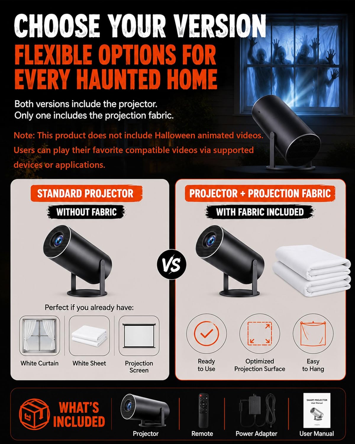 Scary Decorations Halloween Window Projector,White:With Effect fabric | Projects Animated Horror Window Scenes with Easy Setup, 210° Rotation, Built-In Speaker, And Auto Keystone Correction