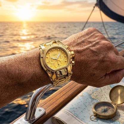 Men's Heavy-Duty Oversized Dial Gold Tactical ⚓ Adventure Watch - Built-in 🧭 Navigation Compass