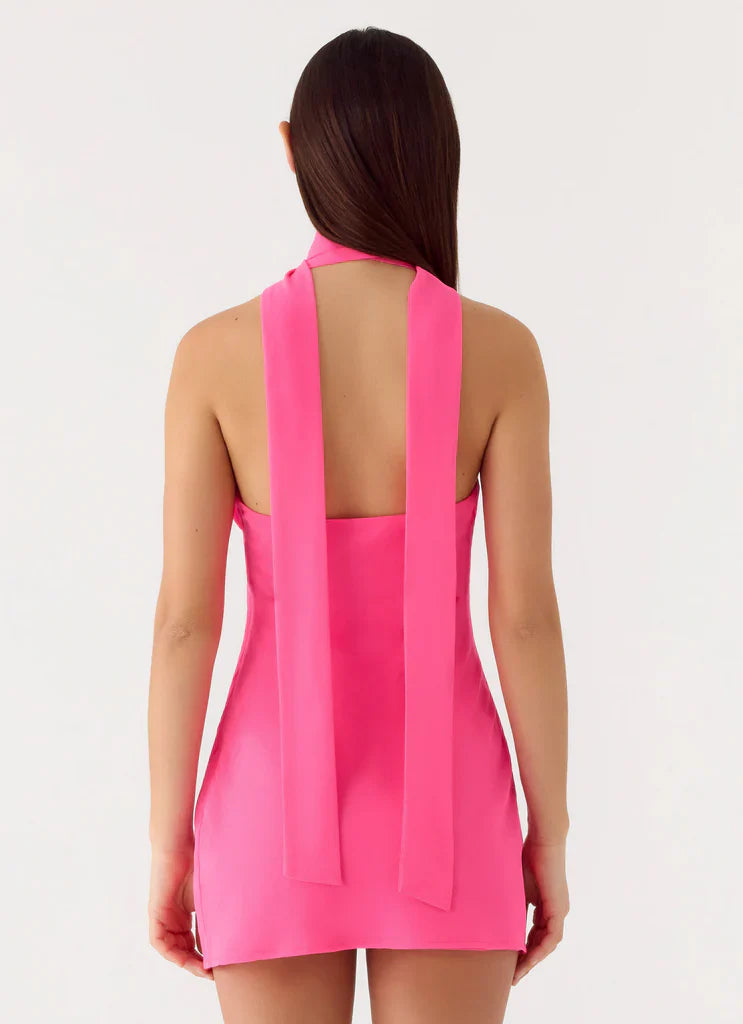Sienna Deep V Halter Mini Dress - Fuchsia