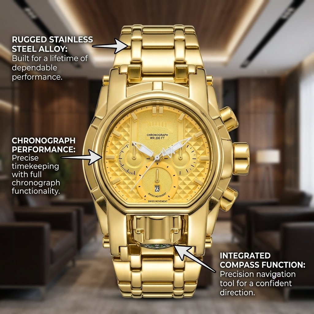 Men's Heavy-Duty Oversized Dial Gold Tactical ⚓ Adventure Watch - Built-in 🧭 Navigation Compass