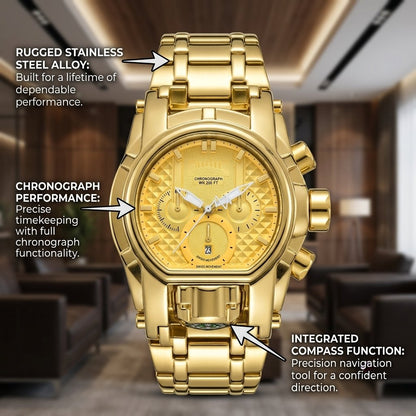 Men's Heavy-Duty Oversized Dial Gold Tactical ⚓ Adventure Watch - Built-in 🧭 Navigation Compass