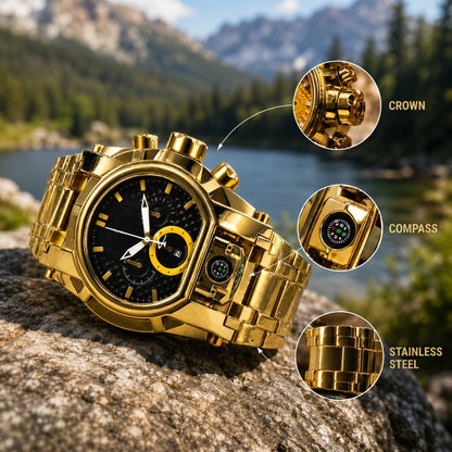 Men's Heavy-Duty Oversized Dial Gold Tactical ⚓ Adventure Watch - Built-in 🧭 Navigation Compass