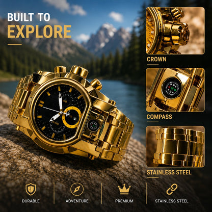 Men's Heavy-Duty Oversized Dial Gold Tactical ⚓ Adventure Watch - Built-in 🧭 Navigation Compass
