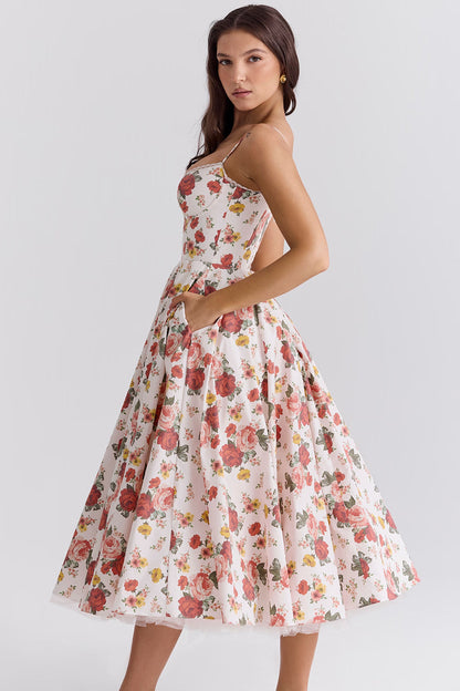 Floral Satin Corset Midi Dress