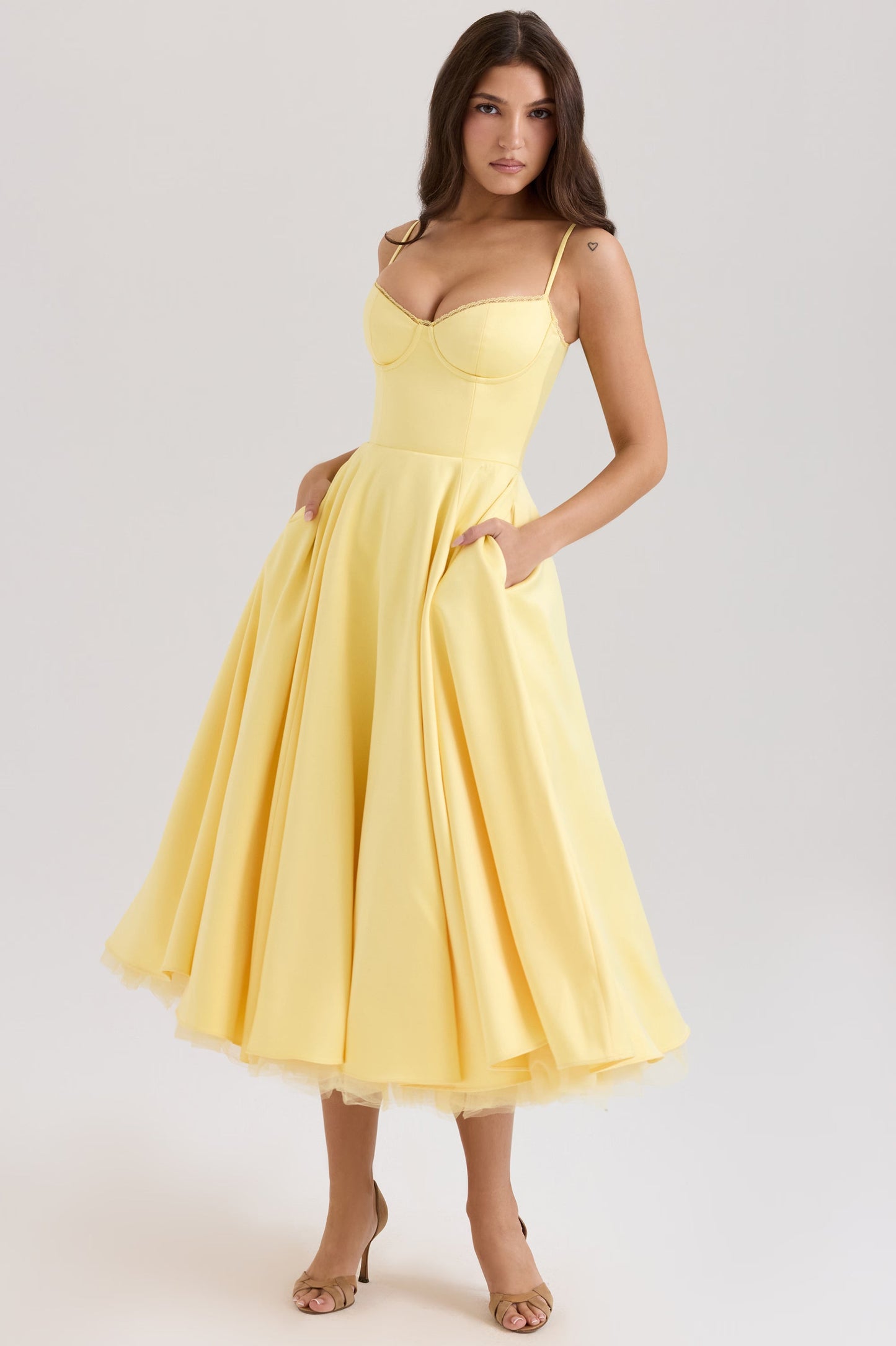 Yellow Satin Corset Midi Dress